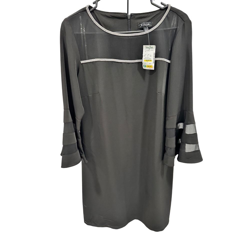 Prelude Sheer Sleeve Dress Rhinestone Trim Party Cocktail Black Size M